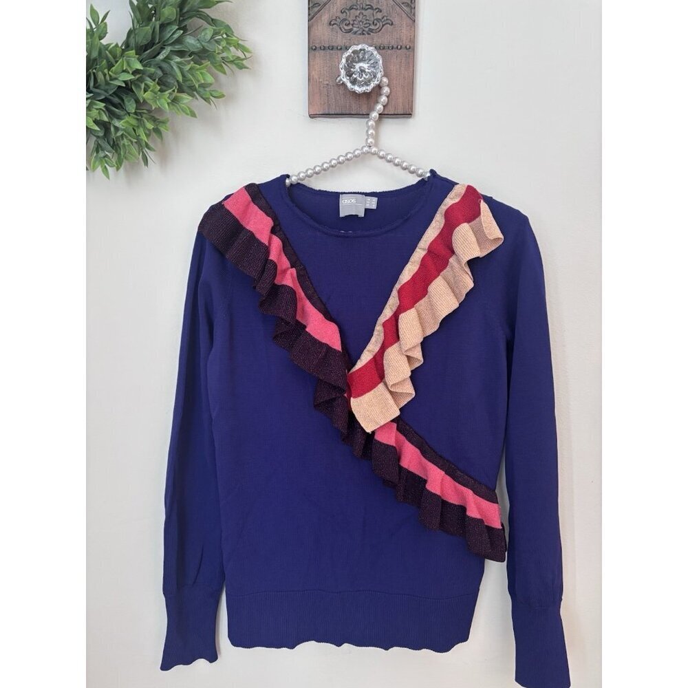 Asos Womens Size 8 Purple Sweater Sparkly Multicolor Ruffle Trim